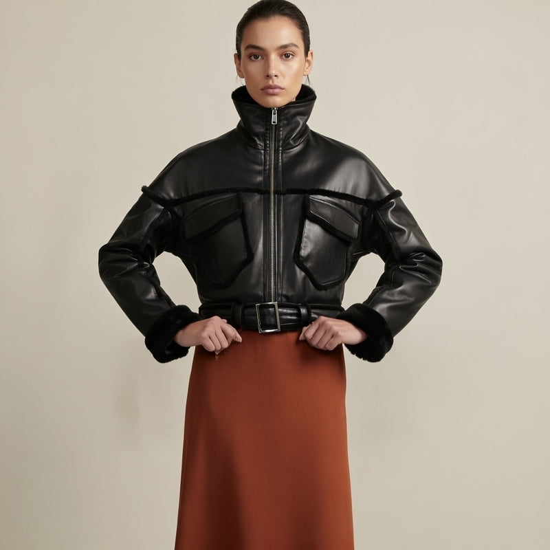Women’s Black Biker Jacket with Fur Trim – Sheep NZ Primo Leather | SOPHIA