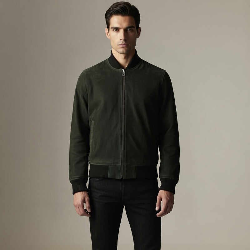 Men’s Dark Green Cow Nubuck Bomber Jacket – Slim Fit