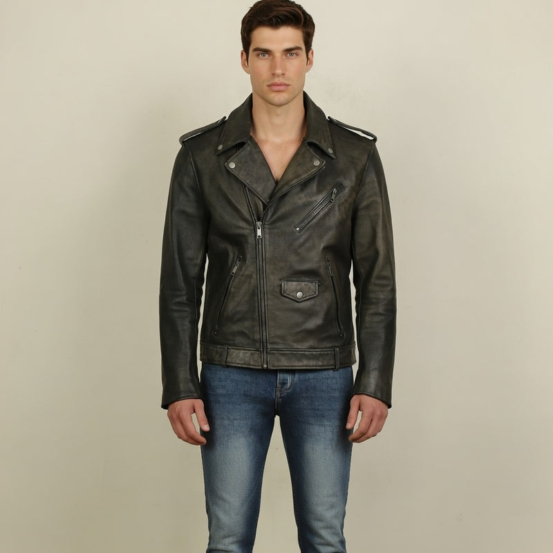 Men’s Olive Cow Antique Perfecto Leather Jacket – Slim Fit Biker Style